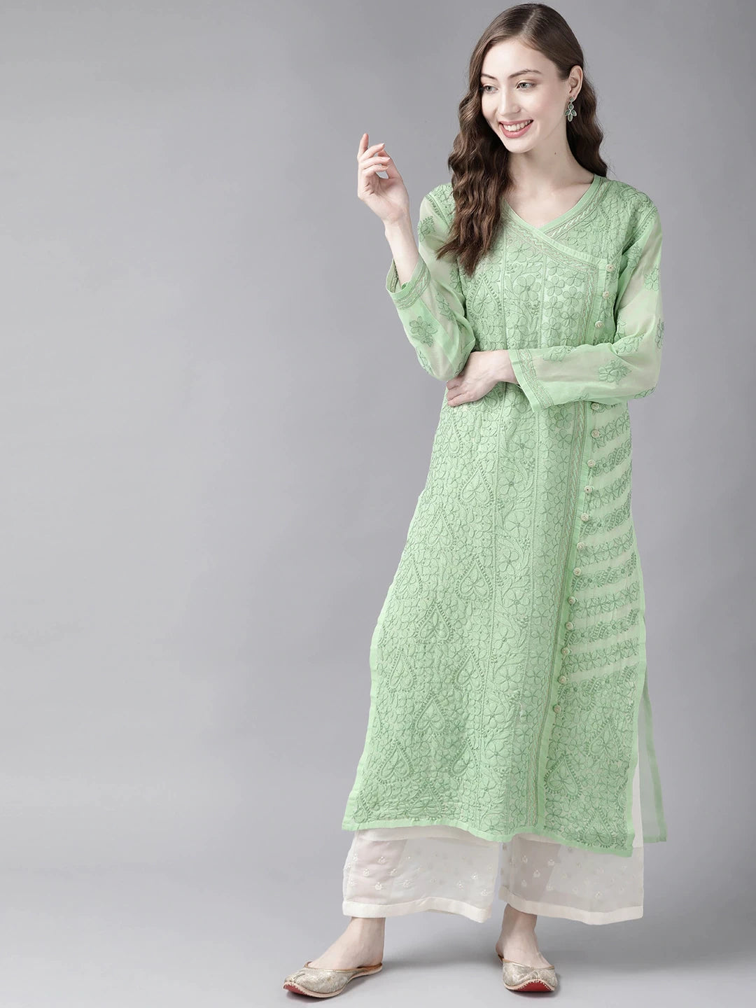 Ada Hand Embroidered Green Cotton Lucknow Chikan Kurta-A411254