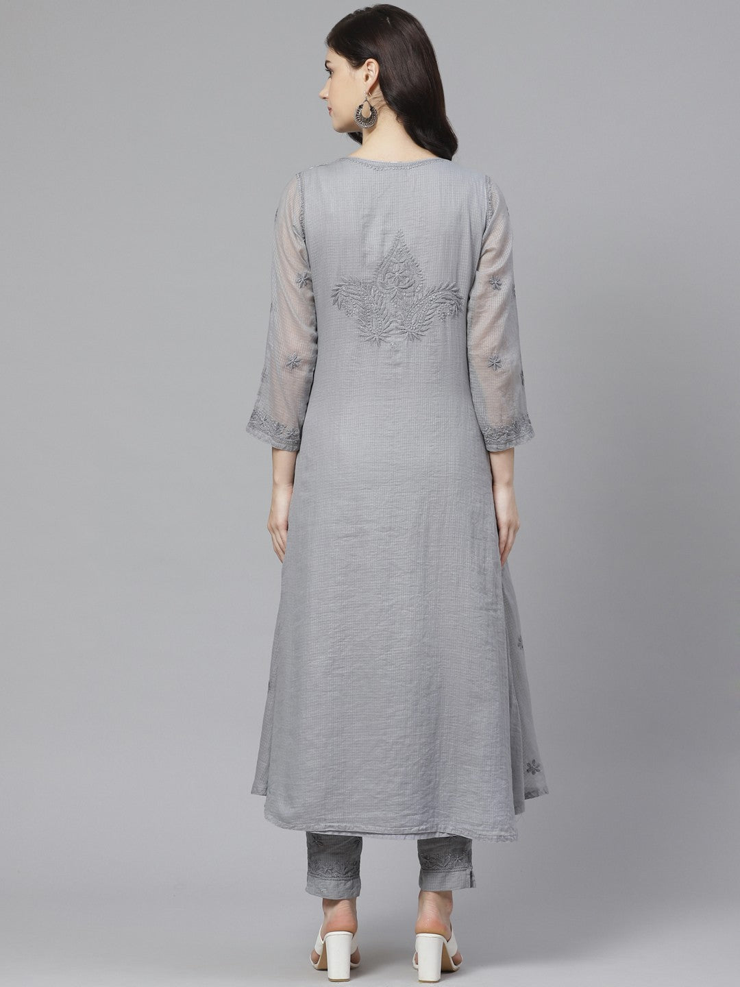 Ada Hand Embroidered Grey Kota Lucknowi Chikankari Kurta with Trouser Set A100551