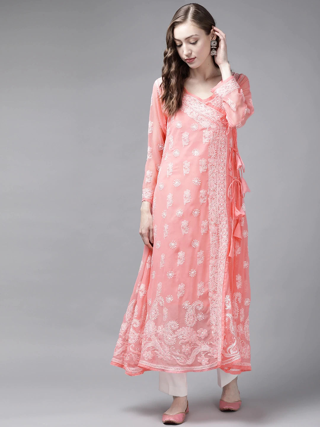 Ada Hand Embroidered Peach Georgette Lucknow Chikankari Angarkha Kurta with Slip A411261