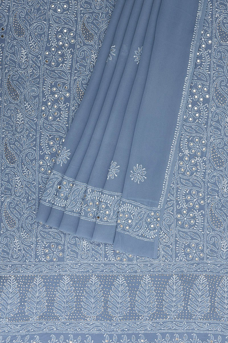 Ada Hand Embroidered Aegean Blue Pure Georgette Lucknowi Chikan Unstitched Kurta Dupatta With Muqaish Work- A608012