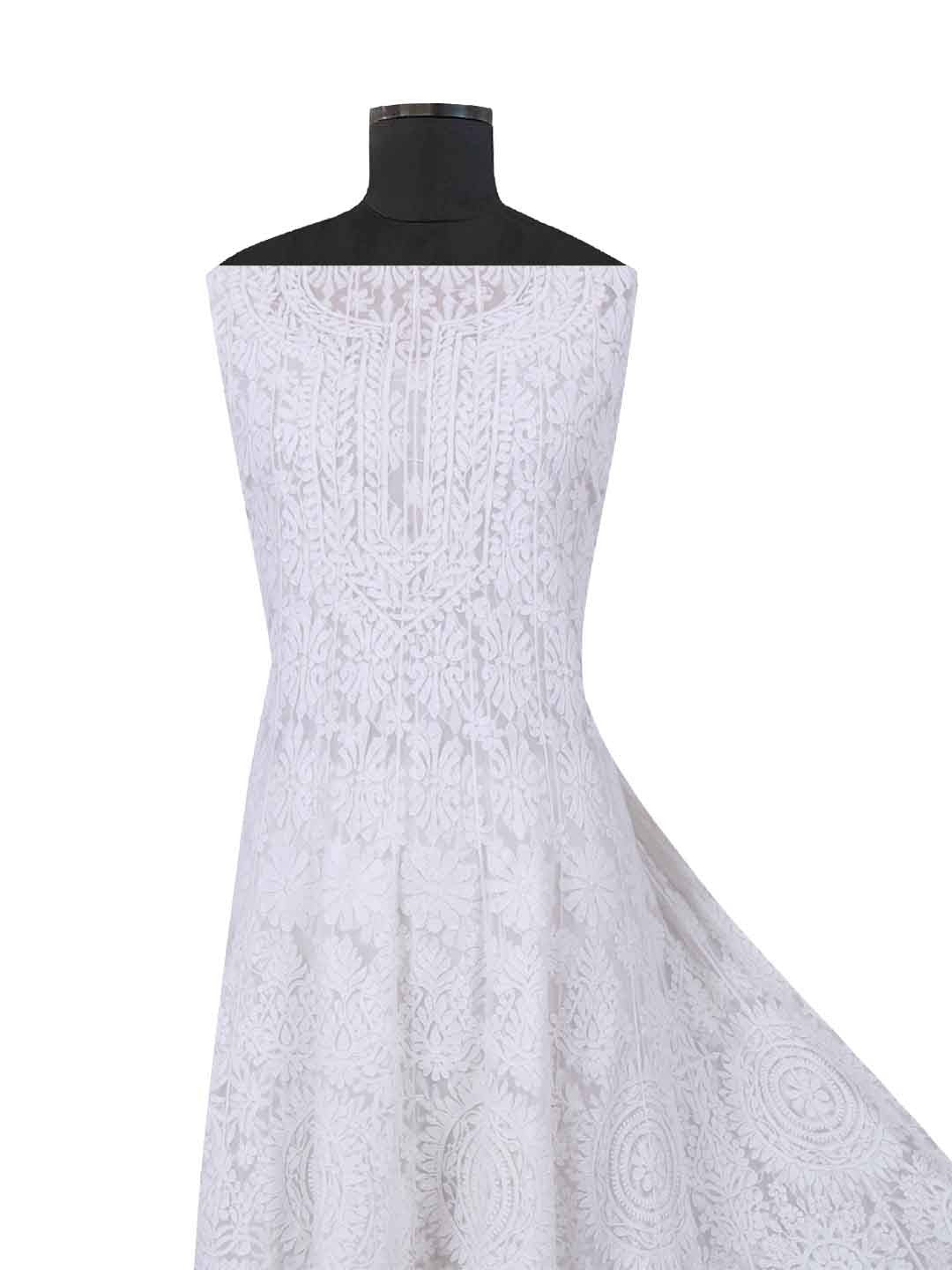 Ada Hand Embroidered White Net Lucknowi Chikankari Semi-stitched Anarkali Kurta Dupatta Set 01A167418