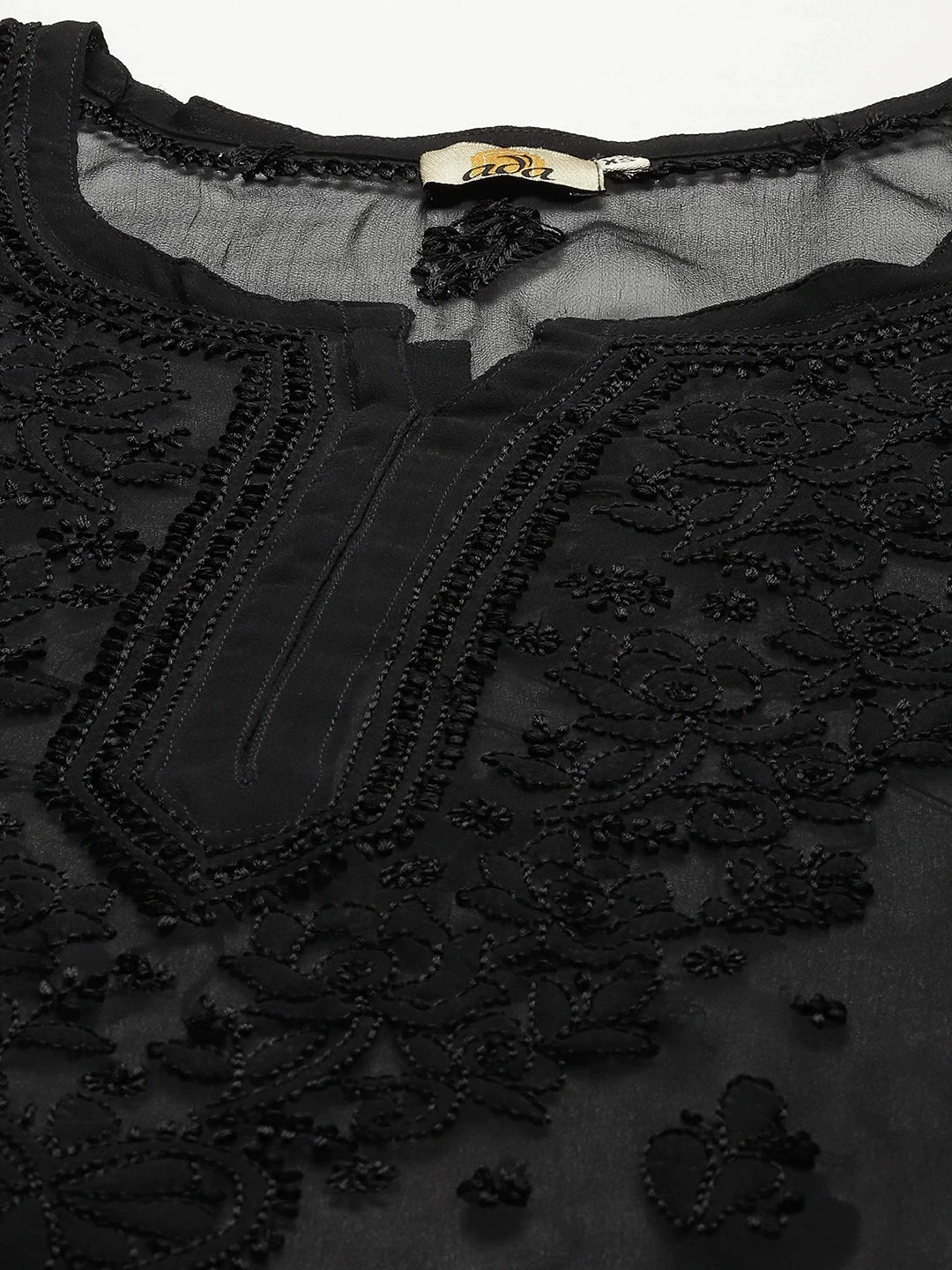 Ada Hand Embroidered Black Georgette Lucknow Chikan Kurti with slip A911139