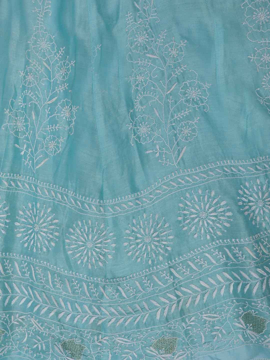 Ada Hand Embroidered Tame Teal Blue Chanderi Lucknowi Chikankari Semi-Stitched Anarkali Kurta Dupatta Set With Zari Work 01A205806