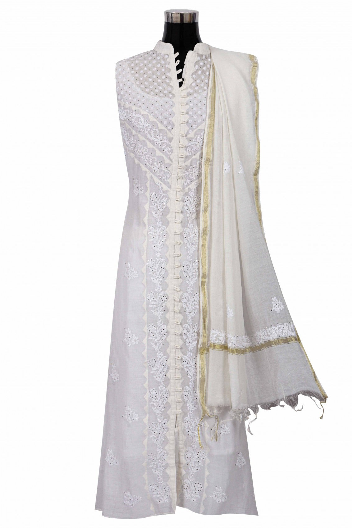 Ada Hand Embroidered Cream Chanderi Lucknowi Chikankari Semi-Stitched Anarkali Kurta Dupatta Set With Muqaish Work A326794