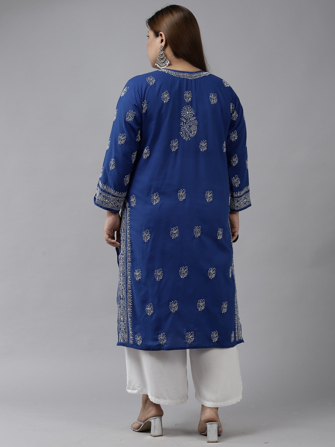 Ada Hand Embroidered Royal Blue Cotton Lucknowi Chikankari Straight Kurta A100458