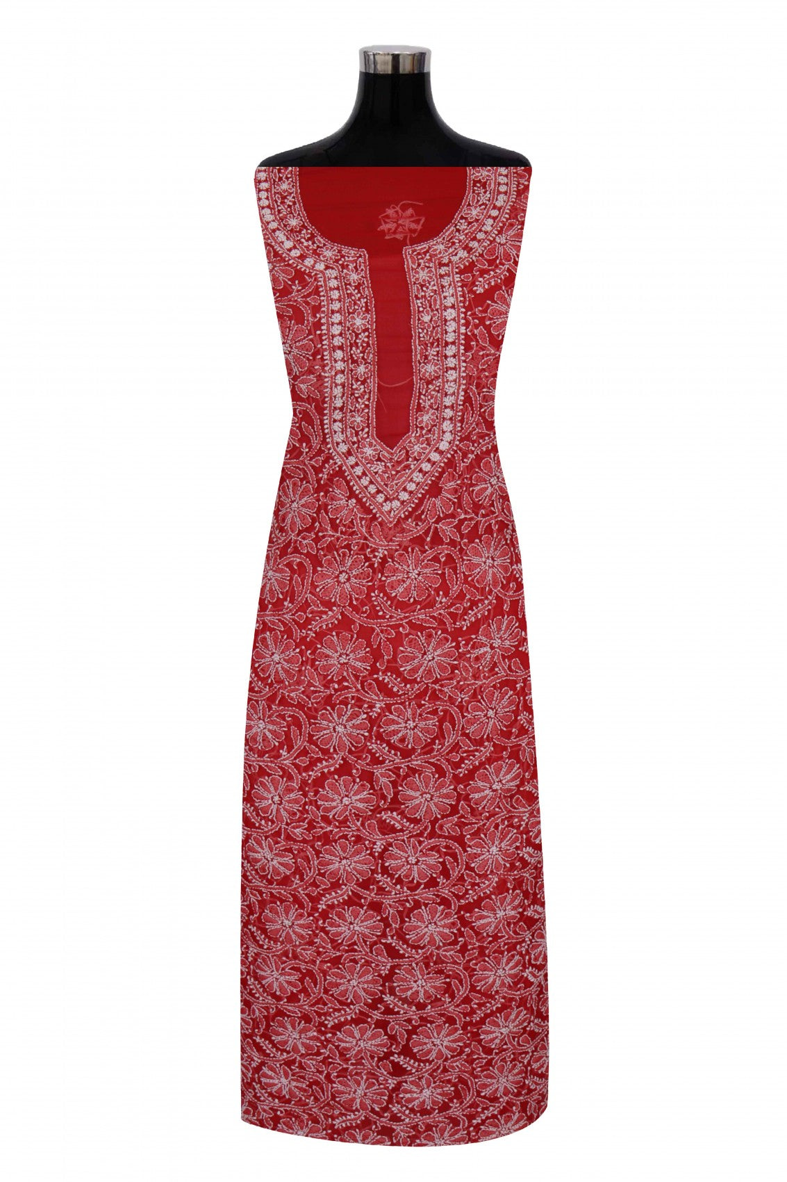 Ada Hand Embroidered Red Georgette Lucknowi Chikan Unstitched Suit Piece A496893