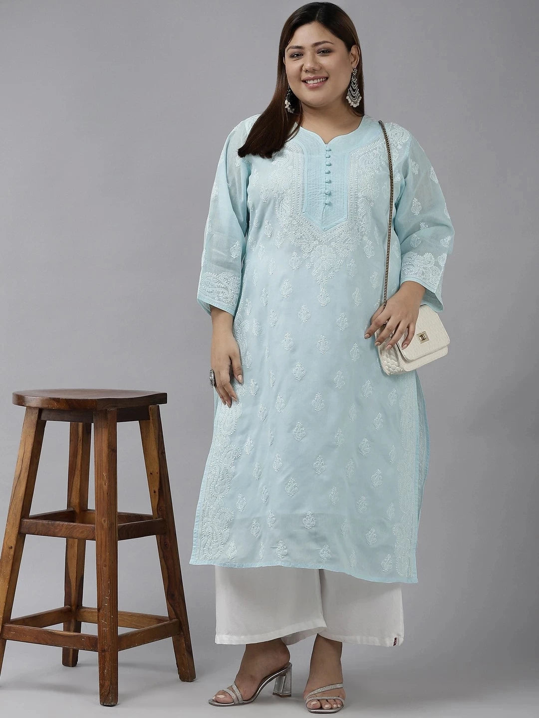Ada Hand Embroidered Blue Cotton Lucknowi Chikankari Straight Kurta A100357