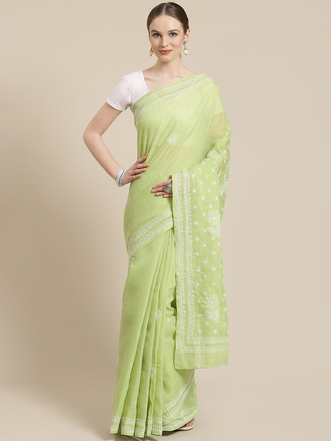Ada Hand Embroidered Green Cotton Lucknow Chikan Saree With Blouse- A311250