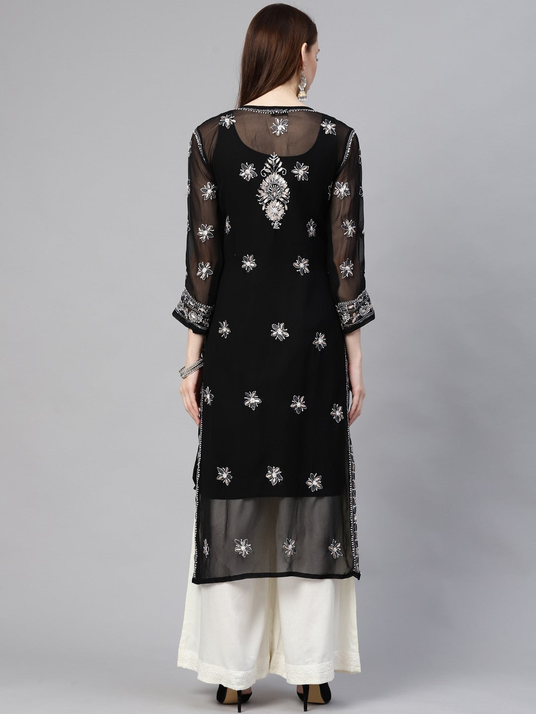 Ada Hand Embroidered Black Georgette Lucknowi Chikan Straight Kurta/Slip with Gota patti Work A411116