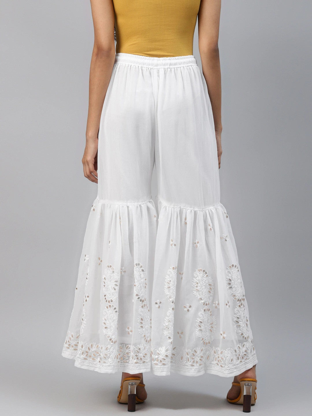 Ada Hand Embroidered White Georgette Lucknow Chikan Garara with Gota Patti Work A711136