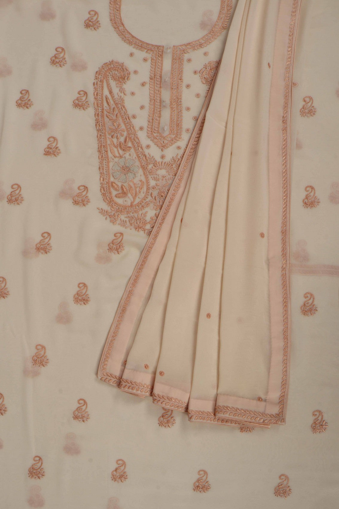 Ada Hand Embroidered Beige Pure Georgette Lucknowi Chikankari Unstitched Kurta Dupatta Set With Zari Work AA411297