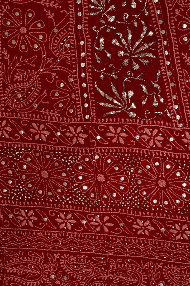 Ada Hand Embroidered Maroon Pure Georgette Lucknowi Chikankari Semi-stitched Anarkali Kurta Dupatta Set With Muqaish Work-A617645
