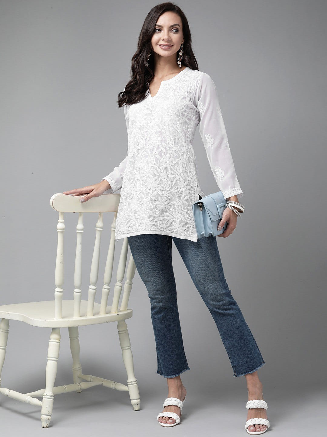 Ada Hand Embroidered White Georgette Lucknowi Chikankari Straight Kurti A911234