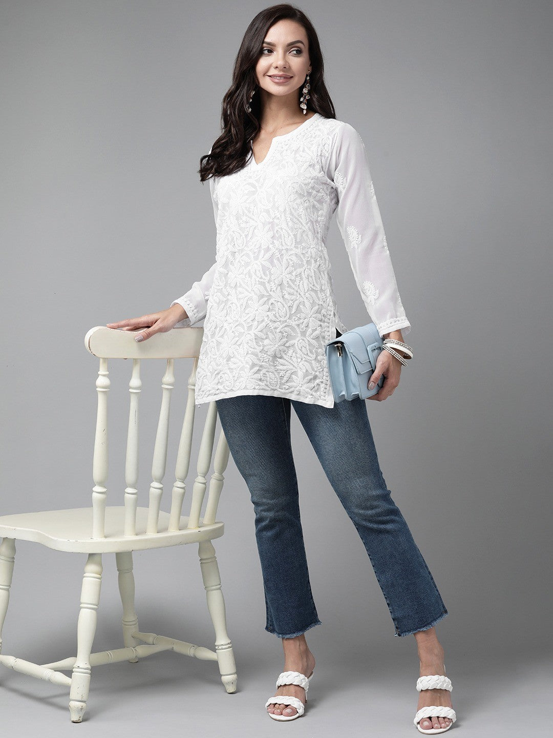 Ada Hand Embroidered White Georgette Lucknowi Chikankari Straight Kurti A911234