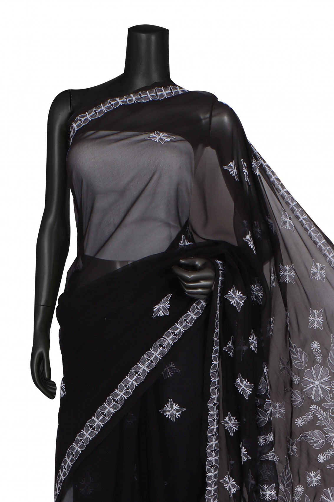 Ada Hand Embroidered Black Georgette Lucknowi Chikankari Saree with Blouse A568847