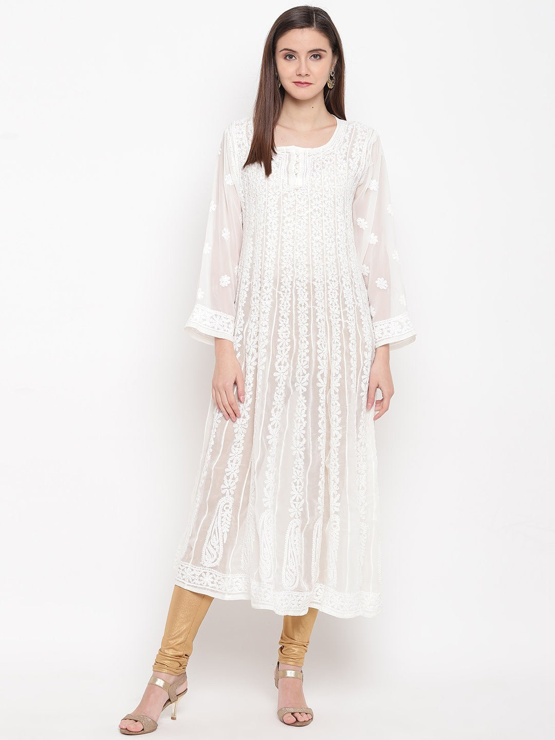 Ada Hand Embroidered White Georgette Lucknow Chikankari Anarkali A-Line Kurta A100300