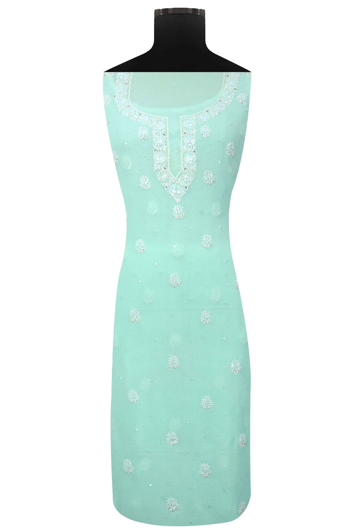 Ada Hand Embroidered Sea Green Pure Georgette Lucknowi Chikankari Unstitched Kurta Piece With Sequinned Work A508033