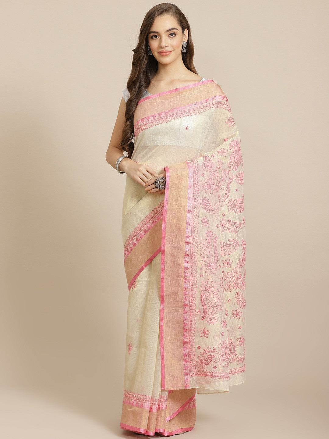 Ada Hand Embroidered Fawn Kota Lucknow Chikan Saree With Blouse A311263