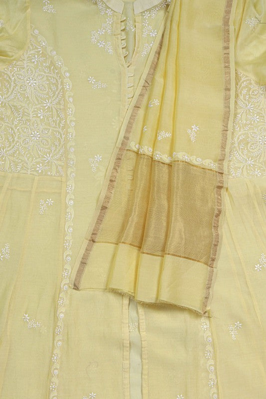 Ada Hand Embroidered Lemon Chanderi Lucknowi Chikankari Semi-Stitched Anarkali Kurta Dupatta Set 01A22105