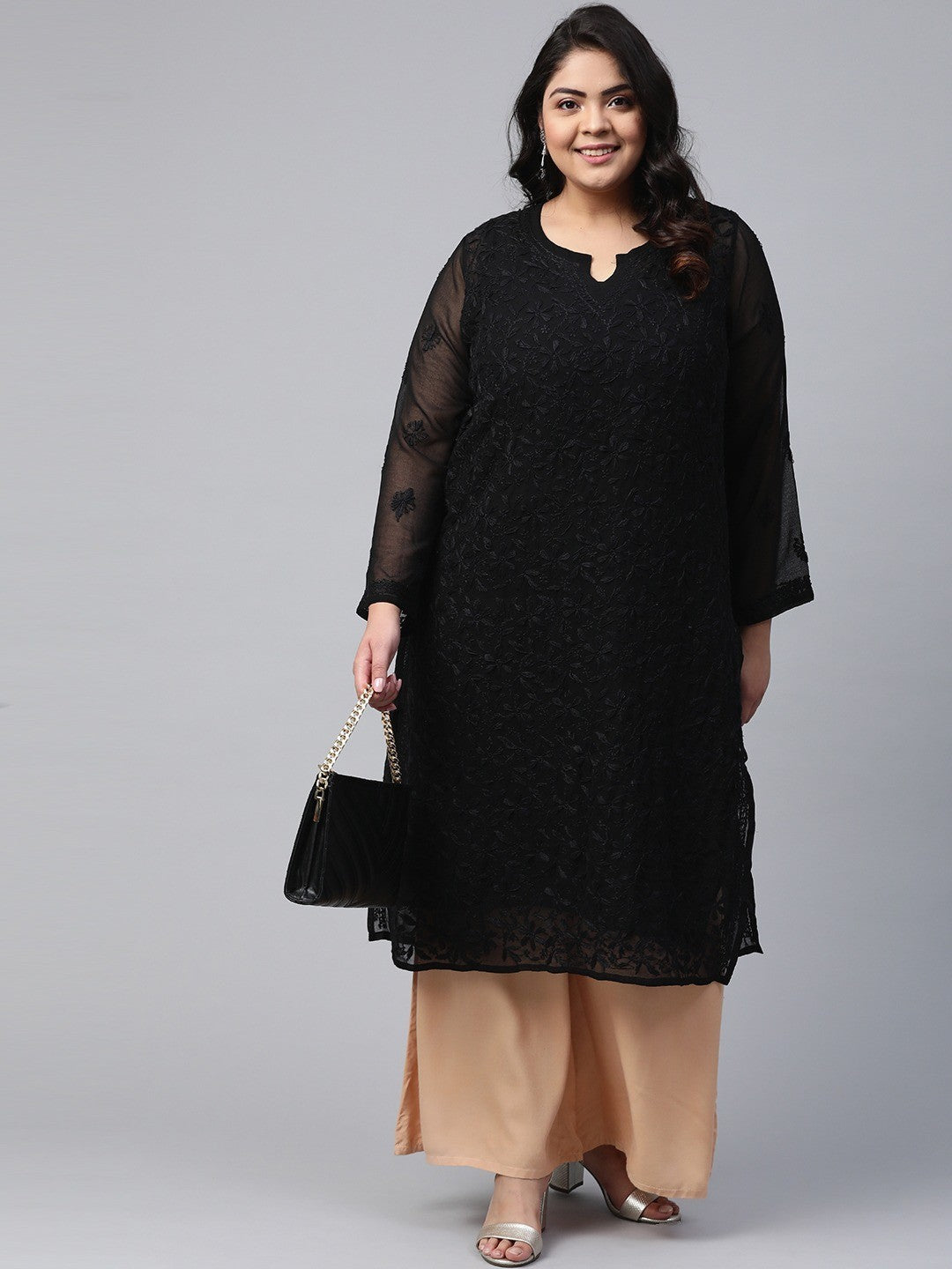 Ada Hand Embroidered Black Georgette Lucknow Chikankari Straight Kurta with Slip A200509