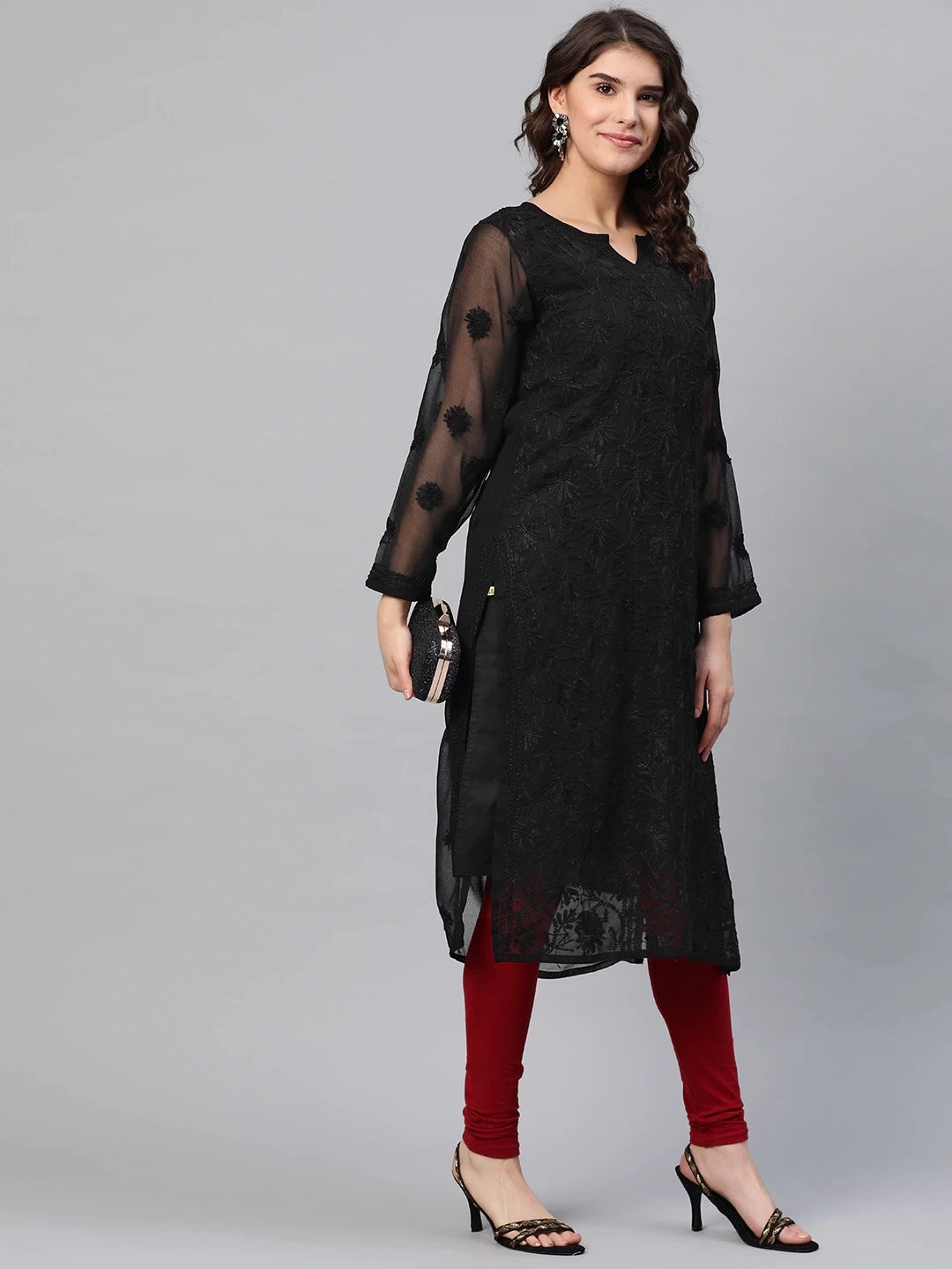 Ada Hand Embroidered Black Georgette Lucknow Chikankari Straight Kurta with Slip A200509