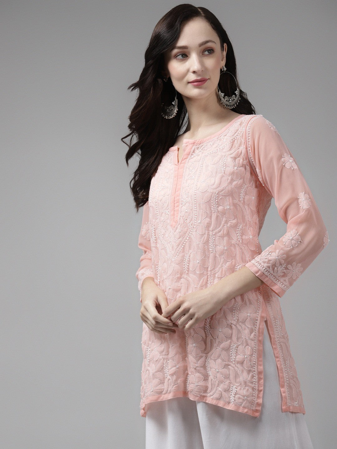 Ada Hand Embroidered Peach Georgette Lucknow Chikan Kurti A911153