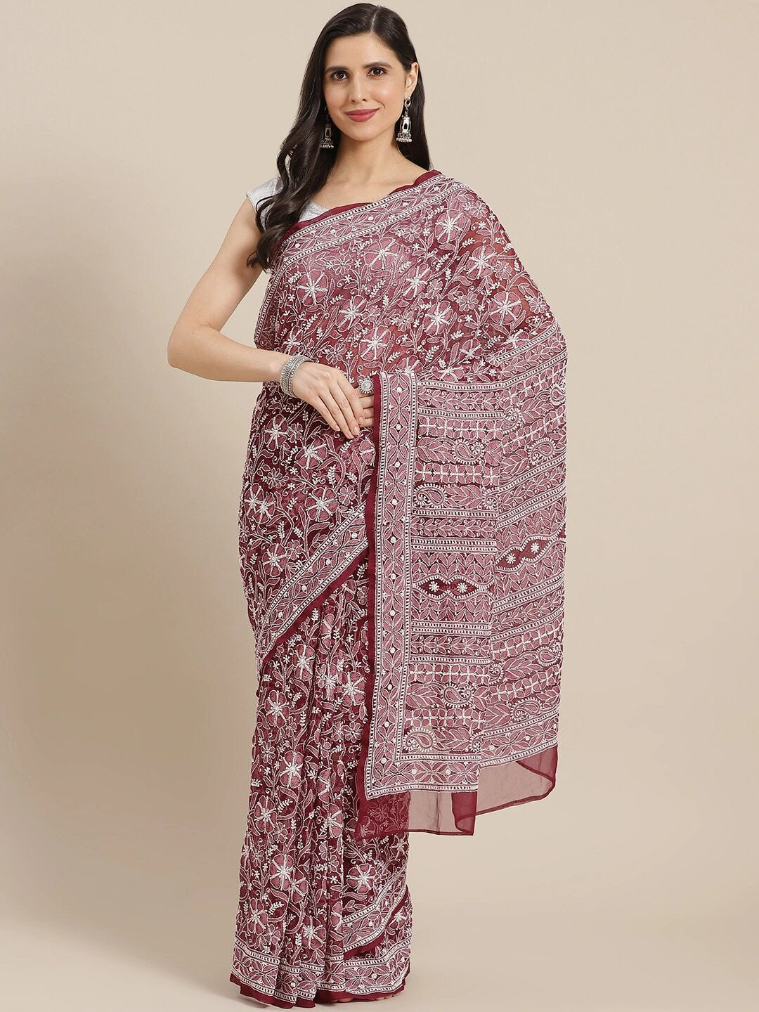 Ada Hand Embroidered Wine Georgette Lucknow Chikan Saree with Blouse A311304