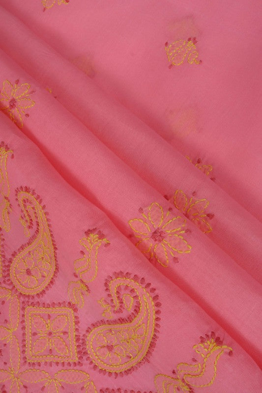 Ada Hand Embroidered Coral Pink Cotton Lucknowi Chikan Unstitched Suit Piece A609845