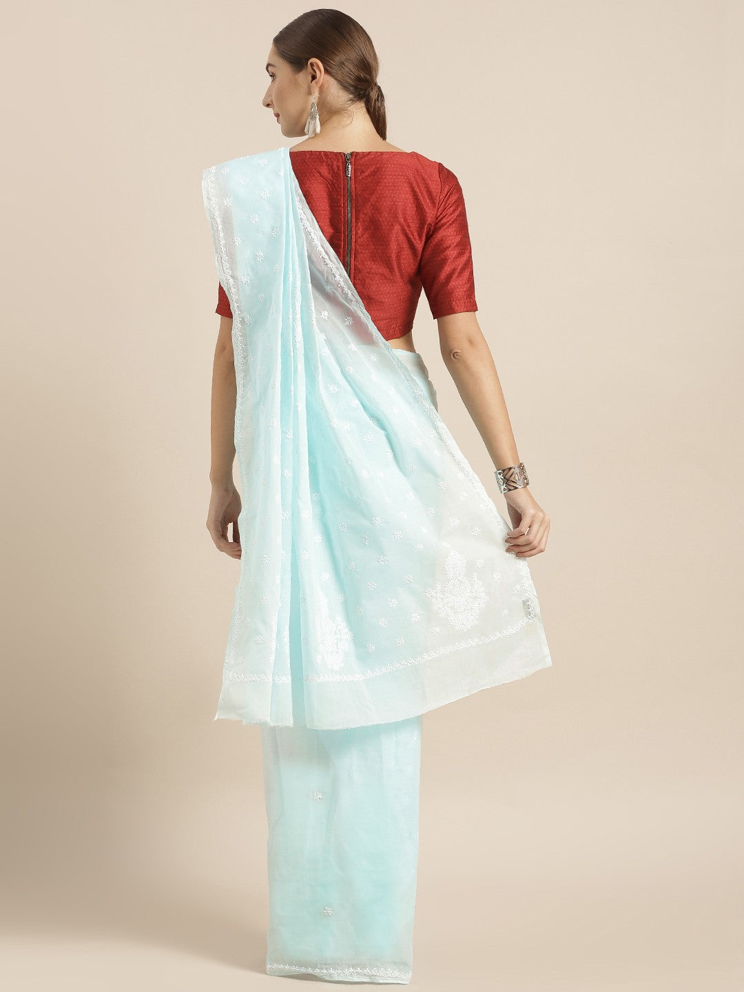 Ada Hand Embroidered Blue Cotton Lucknow Chikan Saree With Blouse A346178