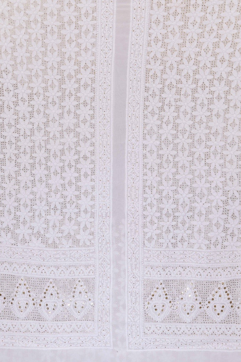 Ada Hand Embroidered White Georgette Lucknowi Chikankari Unstitched Men's Kurta Piece With Muqaish Work 01A45732