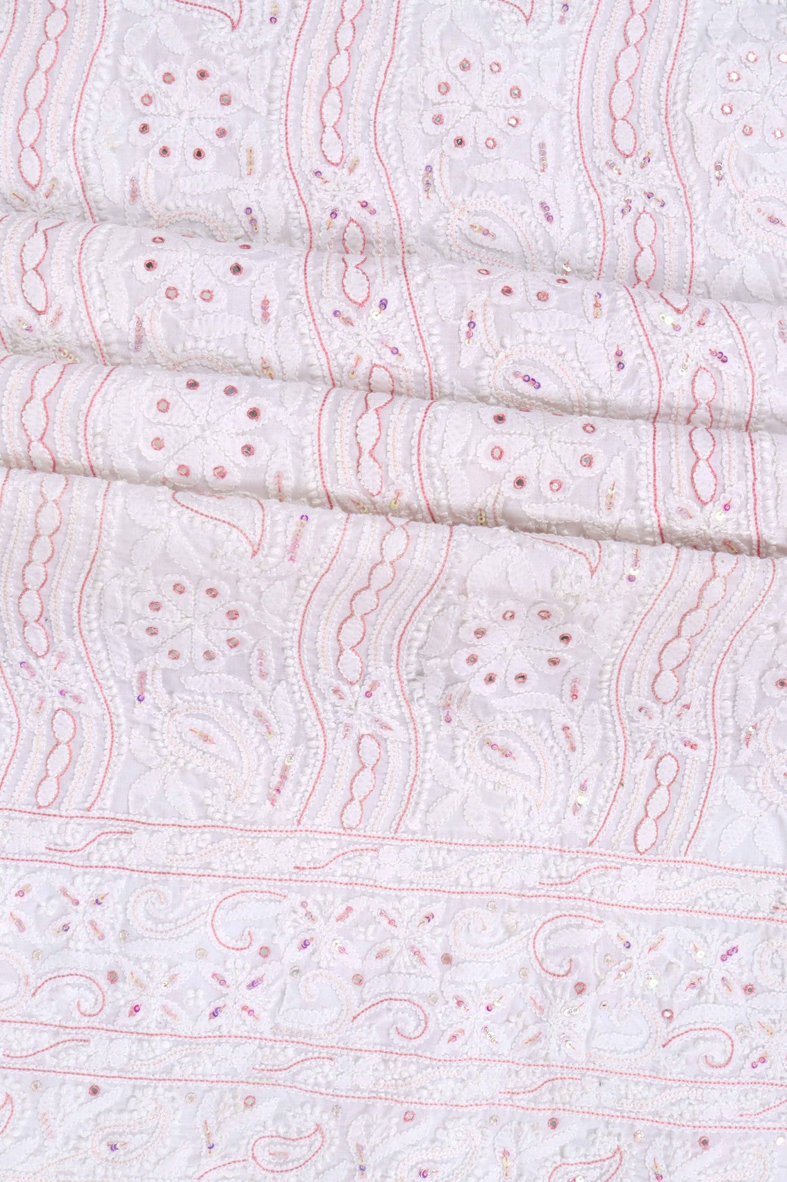 Ada Hand Embroidered White Cotton Lucknowi Chikankari Unstitched Suit Piece With Sequinned Work A100974
