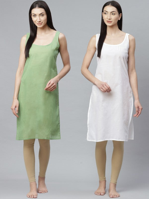 Ada Green and White Cotton Long Slips Combo of 2  A317436.