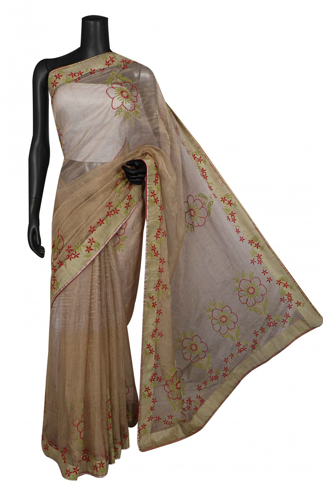 Ada Hand Embroidered Fawn Tissue Lucknowi Chikankari Saree With Blouse 01A622166