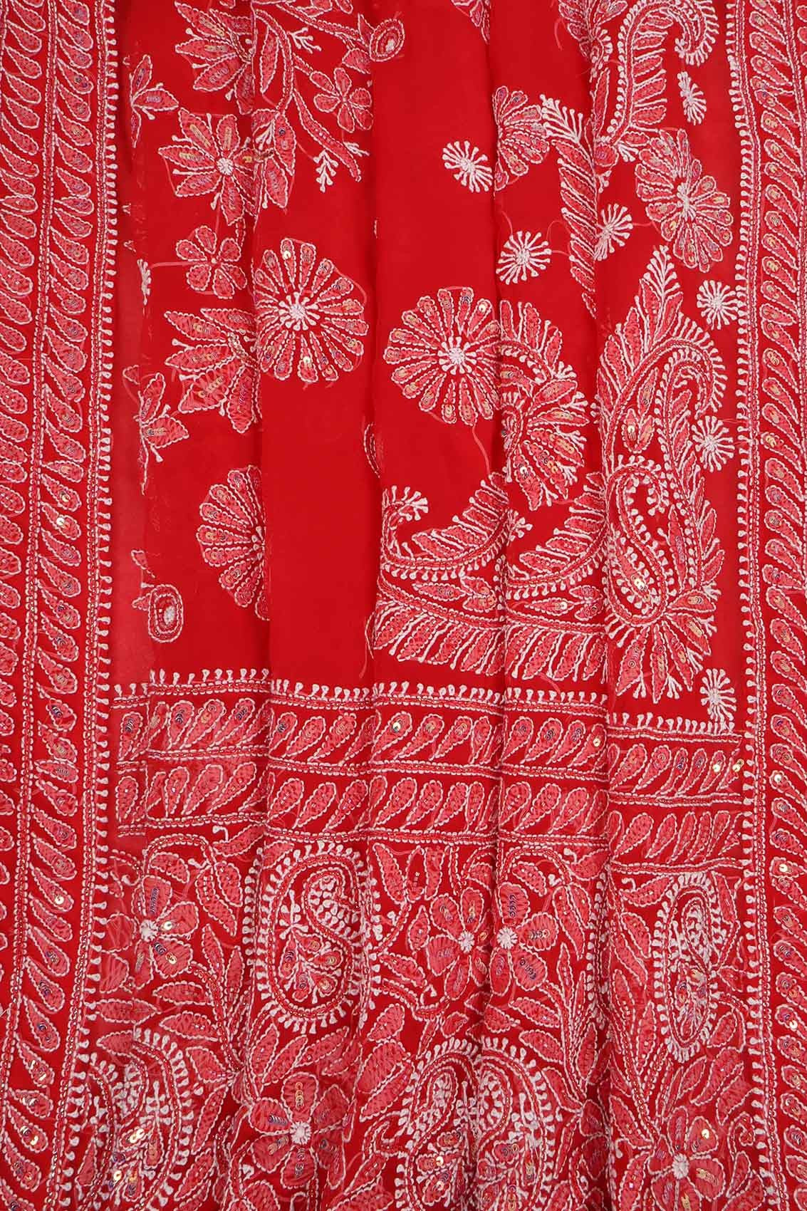 Ada Hand Embroidered Red Georgette Lucknowi Chikankari Saree/Blouse With Sequinned Work 01A137051