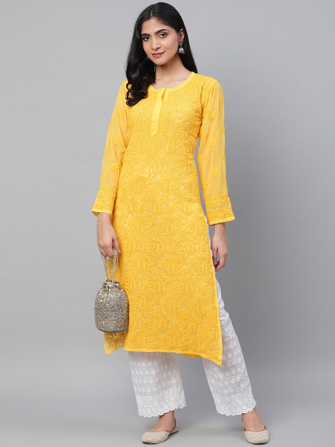 Ada Hand Embroidered Yellow Georgette Lucknowi Chikankari Straight Kurta A100590