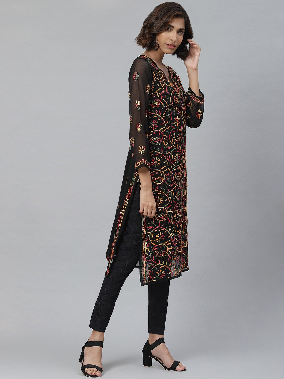 Ada Hand Embroidered Black Georgette Lucknowi Chikankari Kurta Set With Slip A811120