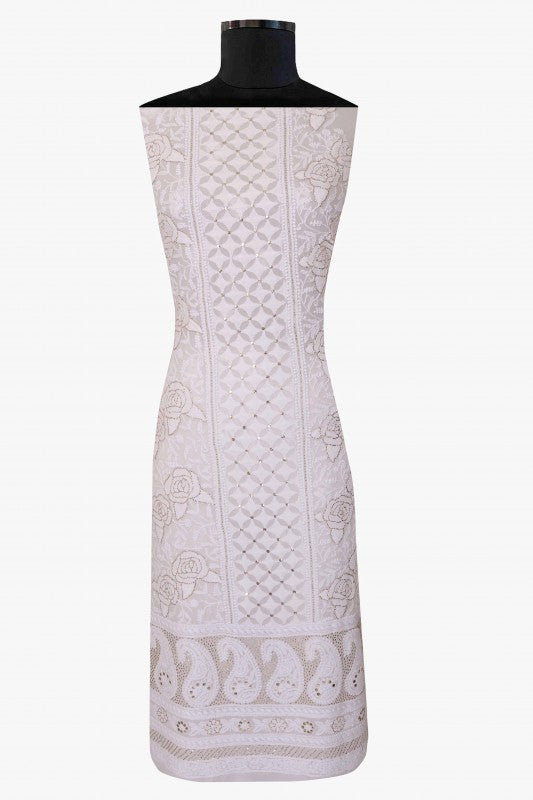 Ada Hand Embroidered White Pure Georgette Lucknowi Chikankari Unstitched Kurta Dupatta Set With Muqaish Work 01A124386