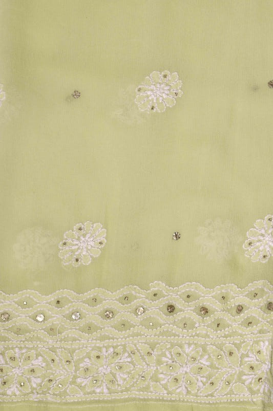 Ada Hand Embroidered Lemon Pure Georgette Lucknowi Chikan Semi-Stitched Anarkali Kurta Dupatta Set With Muqaish Work-A328561