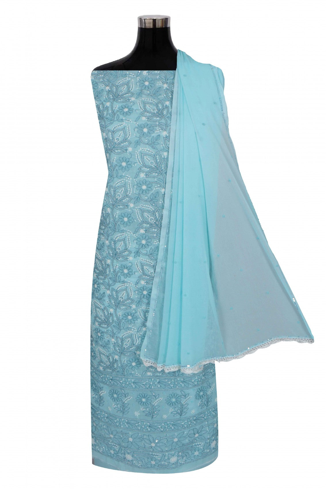 Ada Hand Embroidered Sky Blue Cotton Lucknowi Chikankari Unstitched Suit Piece With Pearl Work 01A271162