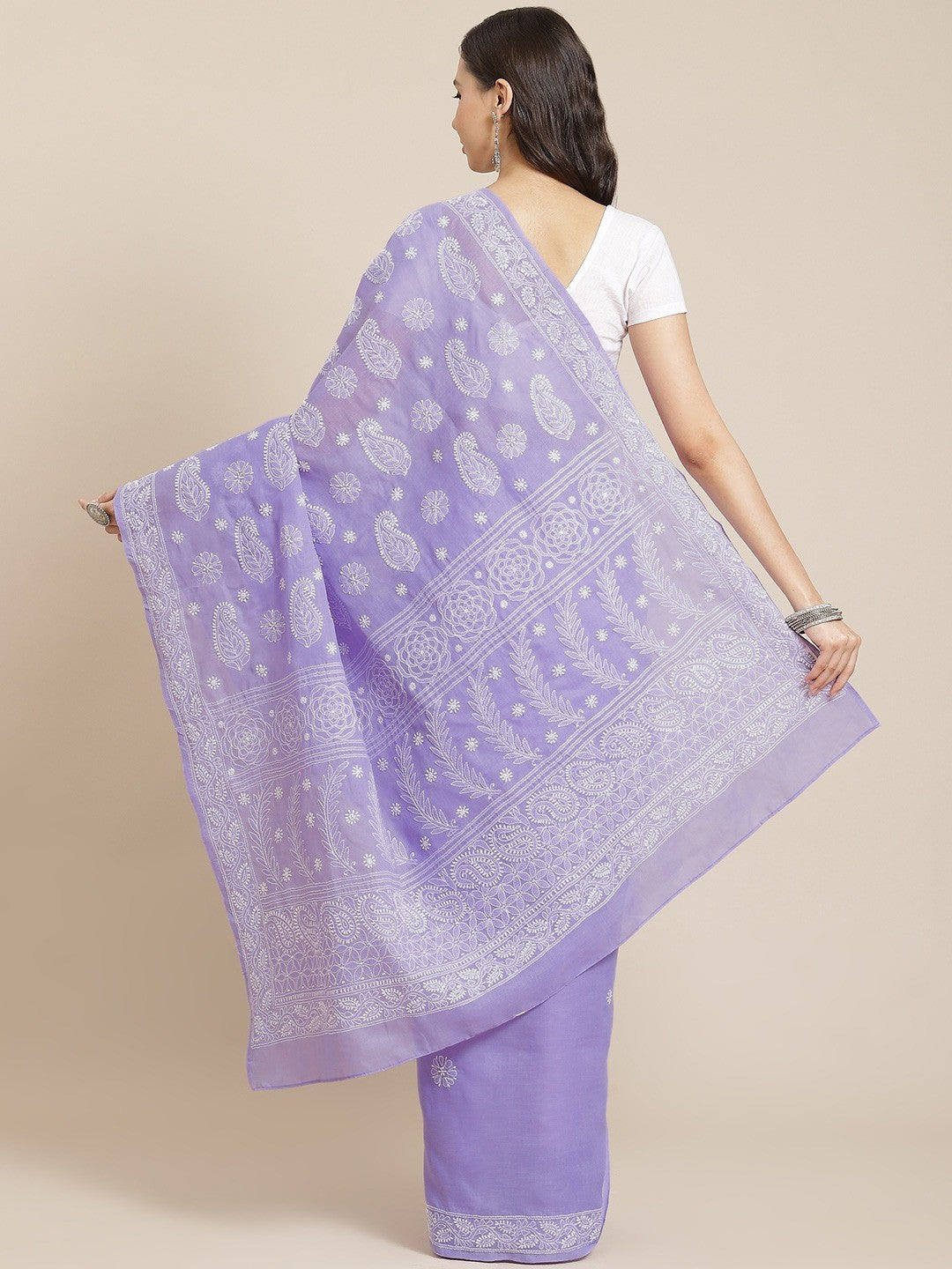 Ada Hand Embroidered Mauve Cotton Lucknow Chikan Saree With Blouse A311333