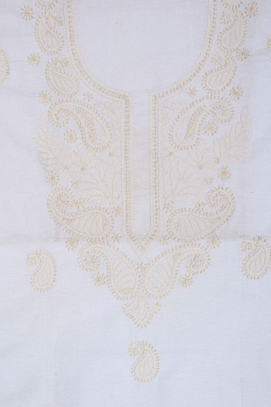 Ada Hand Embroidered White Cotton Lucknowi Chikan Unstitched Kurta Piece A355764