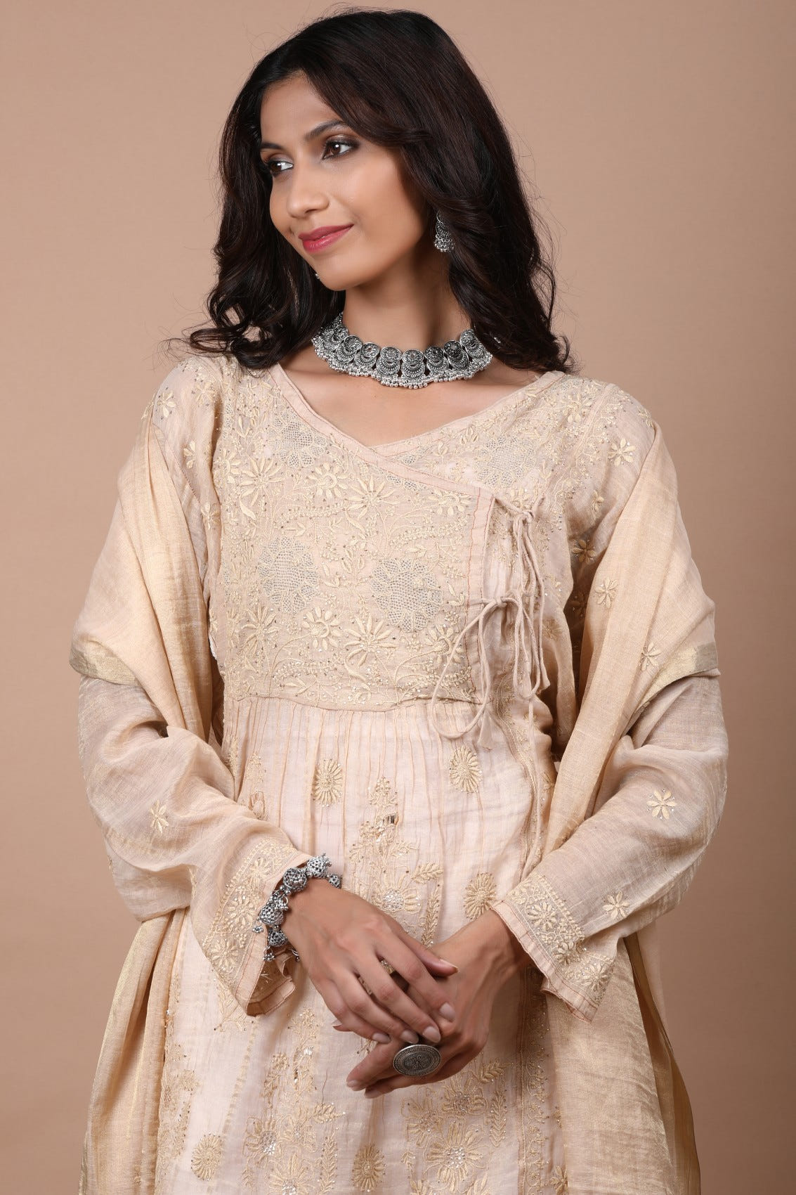Ada Hand Embroidered Natural Fawn Tissue Lucknowi Chikankari Semi-stitched Kurta Dupatta Set With Muqaish Work 01A111783