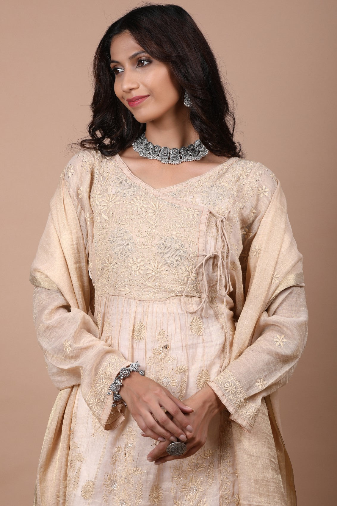 Ada Hand Embroidered Natural Fawn Tissue Lucknowi Chikankari Semi-stitched Kurta Dupatta Set With Muqaish Work 01A111783