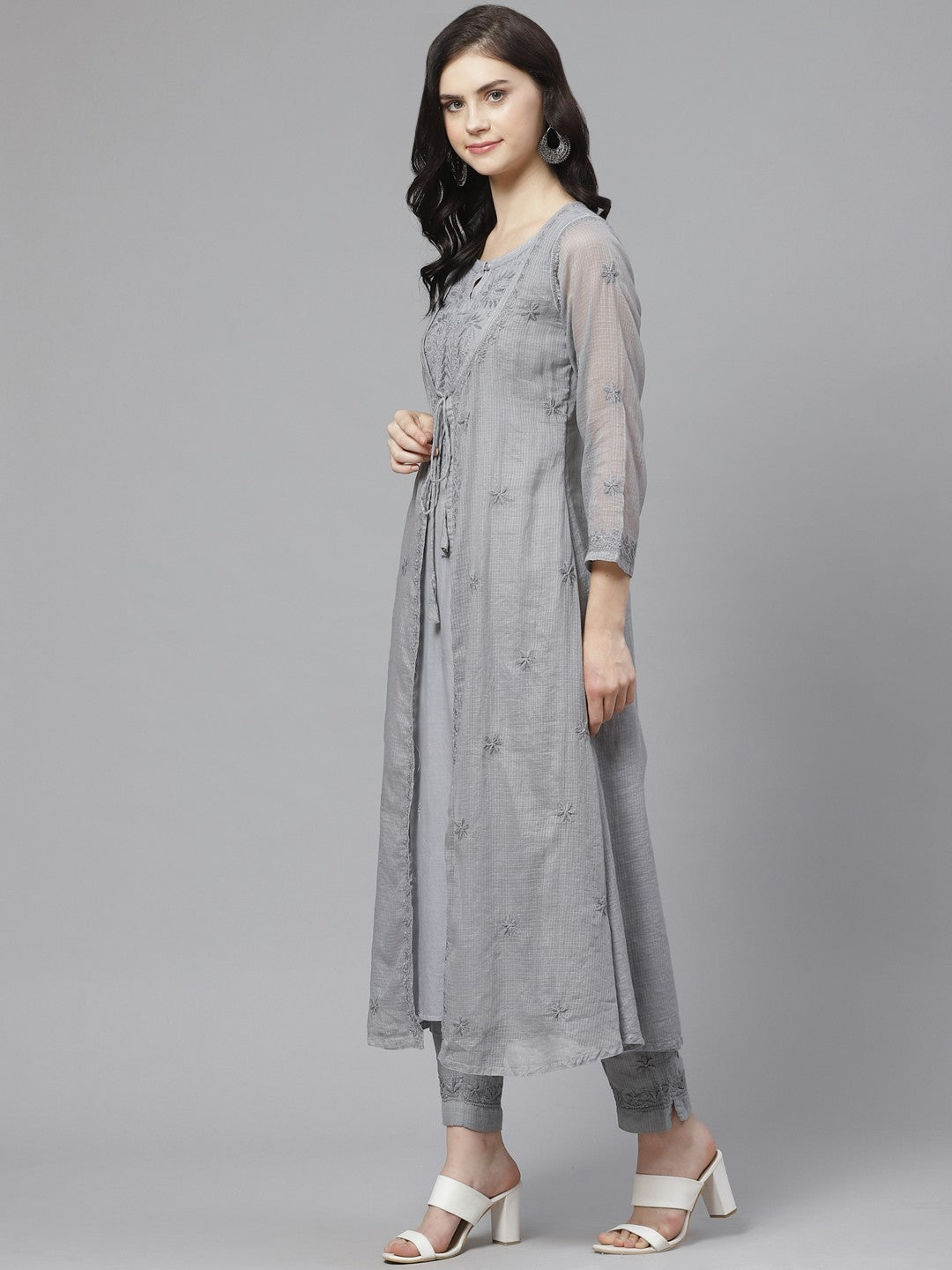 Ada Hand Embroidered Grey Kota Lucknowi Chikankari Kurta with Trouser Set A100551