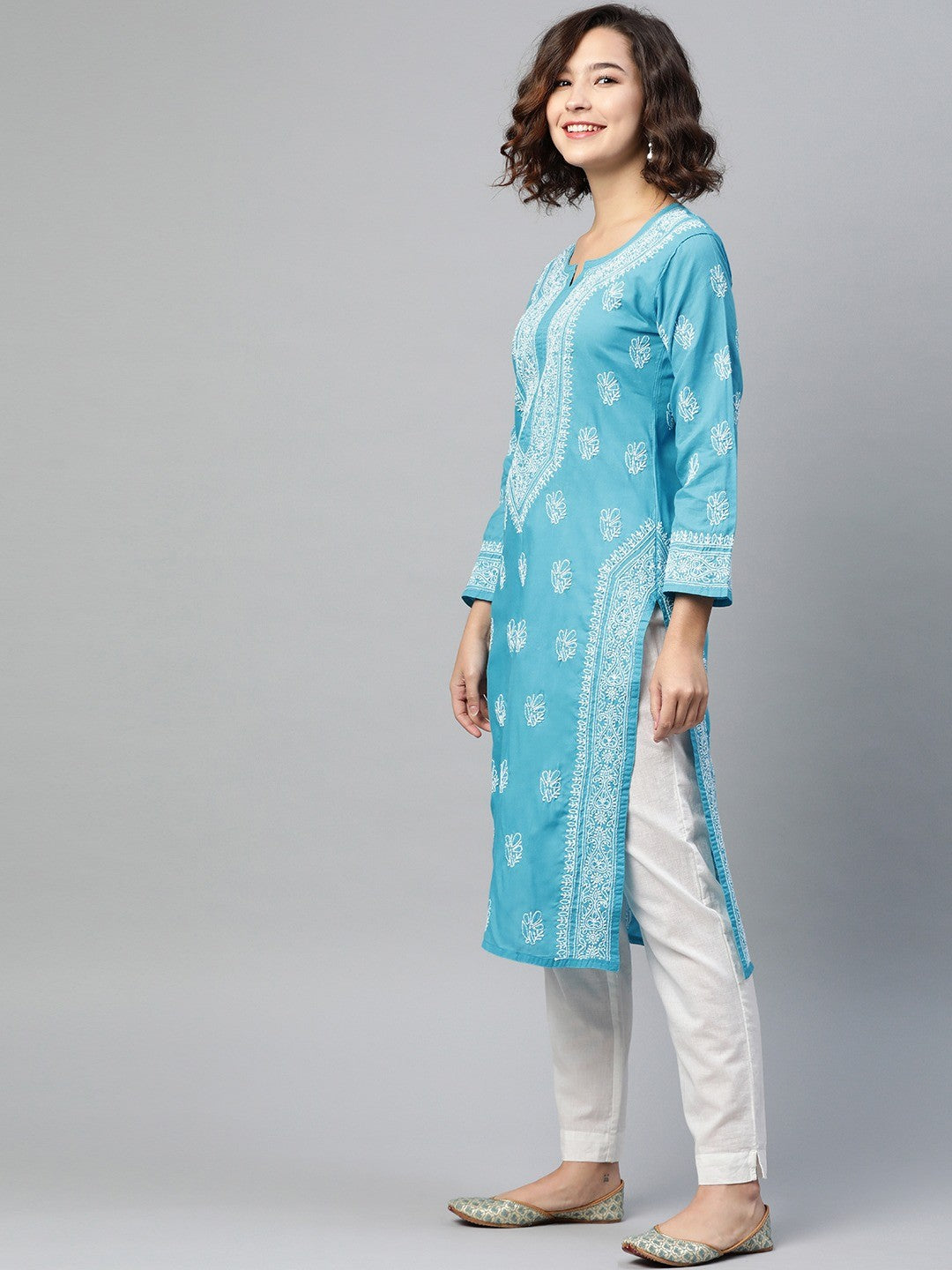 Ada Hand Embroidered Blue Cotton Lucknow Chikan Kurta A220733