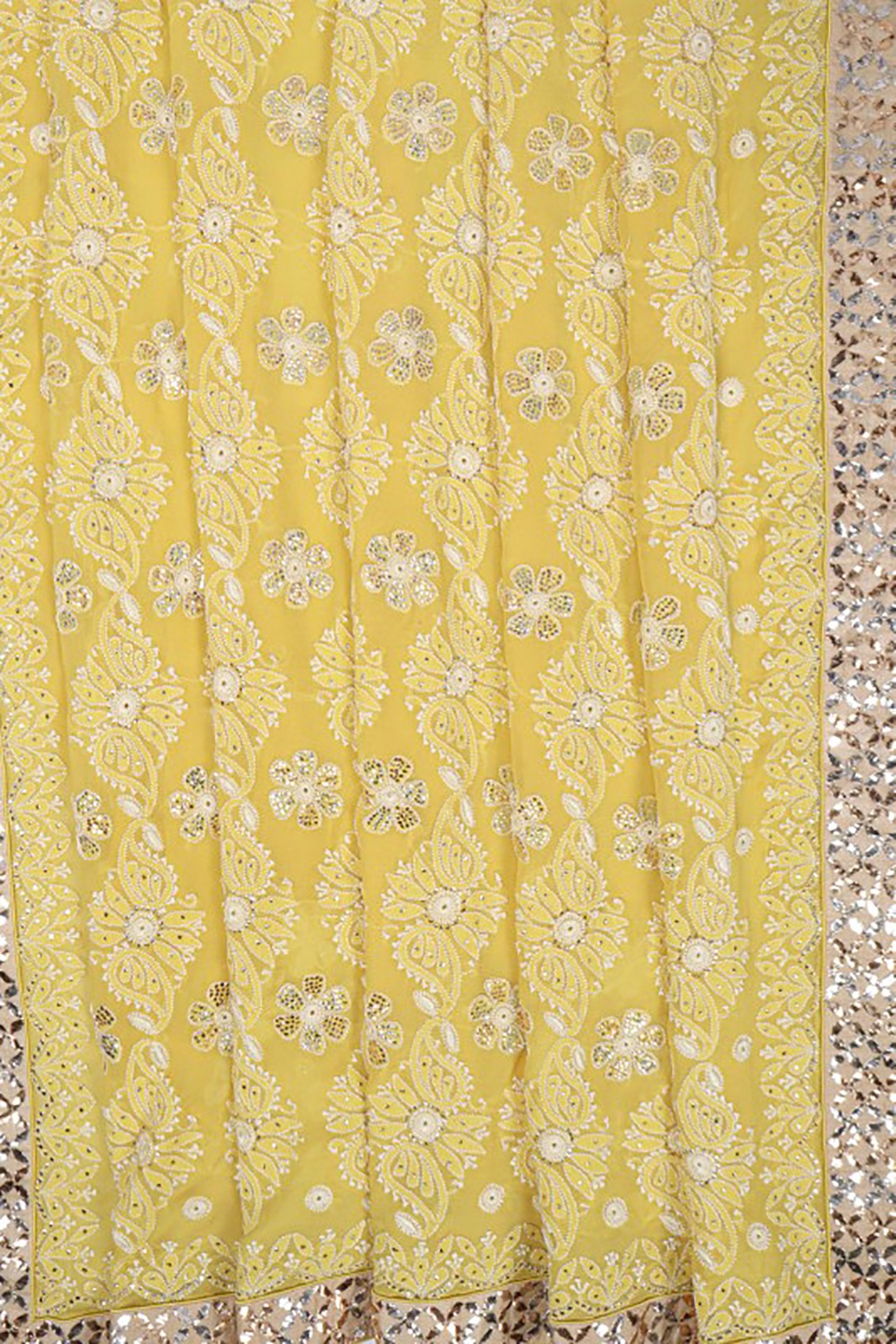 Ada Hand Embroidered Yellow Pure Georgette Lucknowi Chikankari Saree/Blouse With Muqaish Work 01A112478