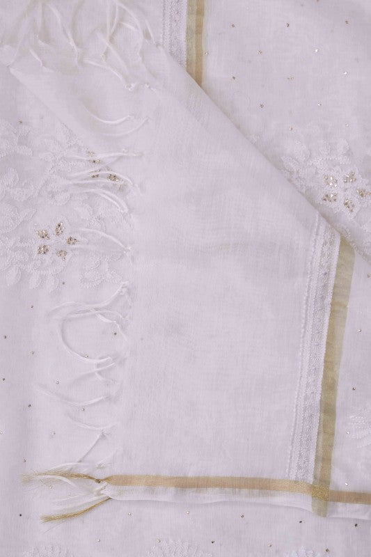 Ada Hand Embroidered White Chanderi Lucknowi Chikankari Dupatta With Muqaish Work - A523144