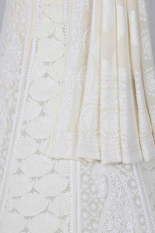 Ada Hand Embroidered Off White Pure Georgette Lucknowi Chikankari Lehenga Set A391405