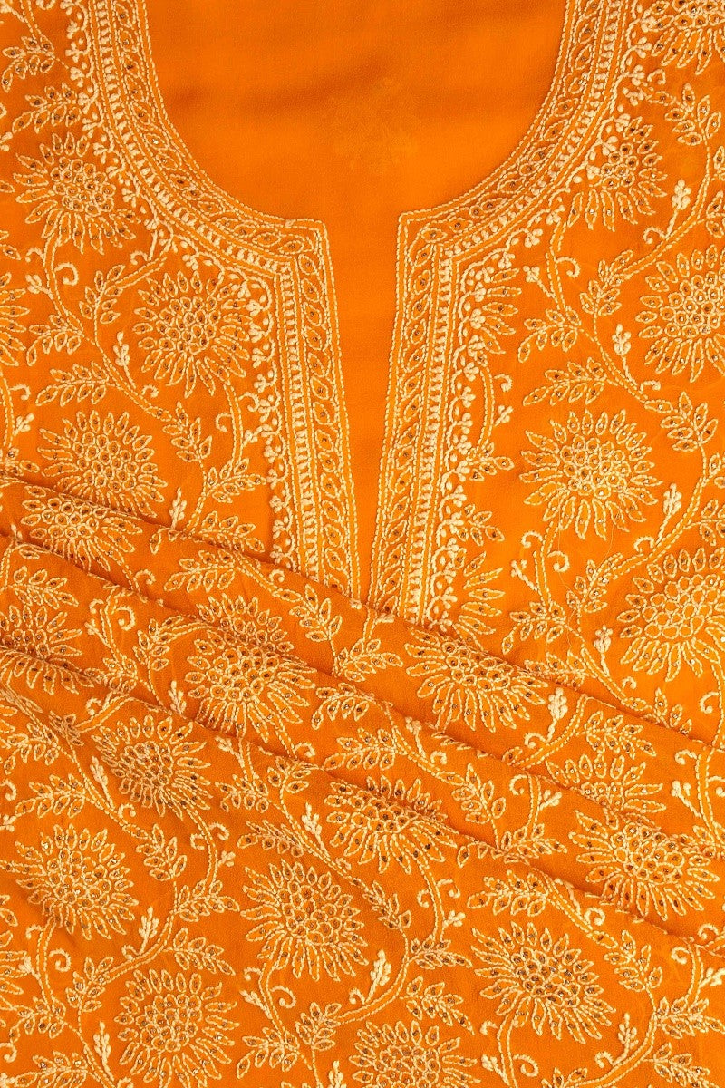 Ada Hand Embroidered Turmeric Yellow Pure Georgette Lucknowi Chikan Unstitched Kurta Piece With Muqaish Work-A456855
