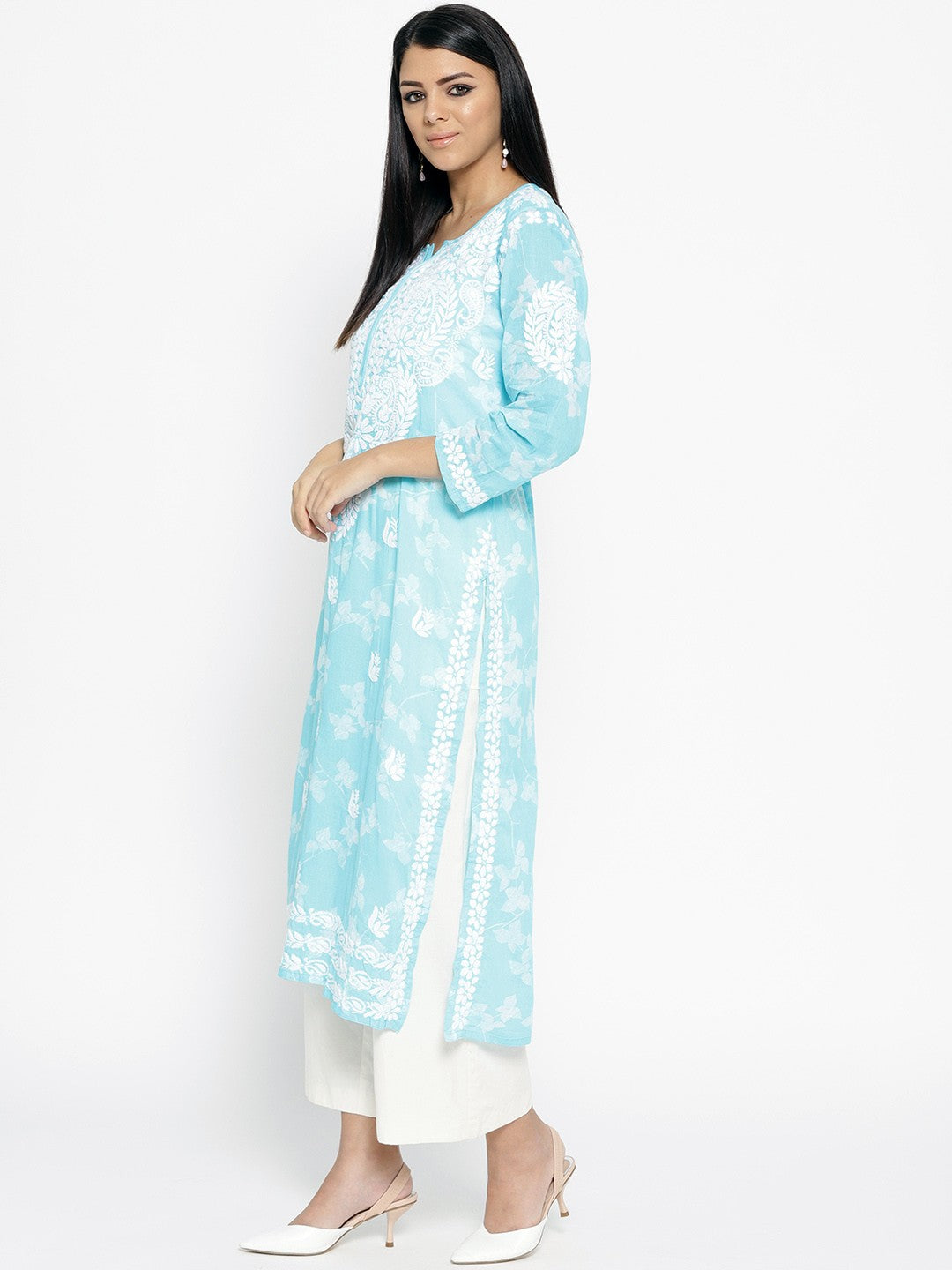 Ada Hand Embroidered Blue Cotton Lucknowi Chikankari Straight Kurta A100114